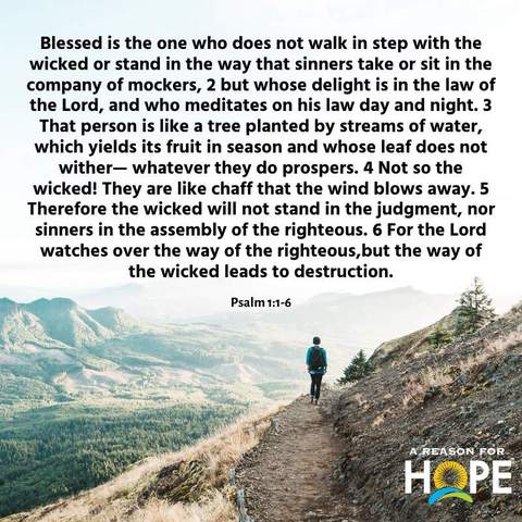 Blessed is the one who does not walk in step with the wicked or stand in the way that sinners take or sit in the company of mockers, but whose delight is in the law of the Lord, and who meditates on His law day and night. That person is like a tree planted by streams of water, which yields its fruit in season and whose leaf does not wither - whatever they do prospers. Not so the wicked! They are like chaff that the wind blows away. Therefore the wicked will not stand in the judgment, nor sinners in the assembly of the righteous. For the Lord watches over the way of the righteous, but the way of the wicked leands to destruction. Psalm 1:1-6