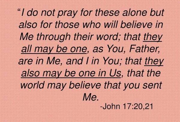 "I do not pray for these alone but also for those who will believe in Me through their word; that they all may be one, as You, Father, are in me, and I in You; that they also may be one in Us, that the world may believe that you sent Me." John 17:20, 21