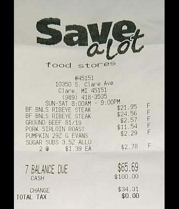 What we bought; we mostly went for my meat for the month, I already had chicken and salmon so just needed pork and beef. Those ribeyes worked out to about $6 each, and for the money I got two really BIG pork roasts! The ground beef was on sale too!