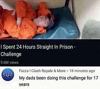 A social media conversation. Post: a man in orange laying on a bed, arms crossed, looking up at the camera. Caption: I spent 24 hours straight in prison - challenge. Reply to post by Fazza: My dad's been doing this challenge for 17 years.