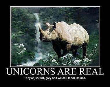 A rhinoceros standing in front of a waterfall. Caption: Unicorns are real. They're just fat, gray, and we call them rhinos.