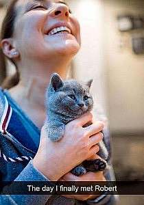 A woman with a smile of joy on her face, eyes closed, looking skyward. In her hands is a small adorable gray kitten. Caption: The day I finally met Robert.