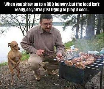 A man crouched at a grill alongside a lake, grilling meat on skewers; next to him is a little dog standing on his hind legs looking at the food intently. Caption: When you show up to a BBQ hungry, but the food isn't ready, so you're just trying to play it cool...