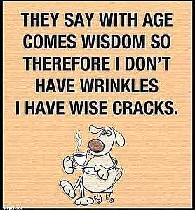 A cartoon dog sitting on a chair, drinking a hot beverage in a cup. Caption: They say with age comes wisdom so therefore I don't have wrinkles I have wise cracks.