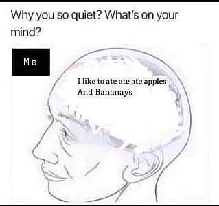A drawing of a person in black and white taken from above; a clear spot makes it look like we can see into his head. Caption: Why you so quiet? What's on your mind? Inside the head it says, "I like to ate ate ate apples and bananays"