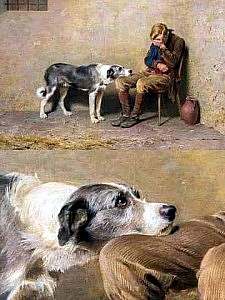 A beautiful painting of a man sitting in a chair, head down, hand over his face. A dog is standing with his chin on the man's knee, as if to comfort him. Below that is a second image, this a closeup on the dog's face, his eyes gazing with feeling up at the man.