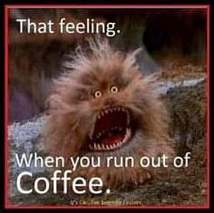 A fuzzy creature with long messy fur; it has wide eyes and a mouth opened wide. Caption: That feeling. When you run out of coffee.
