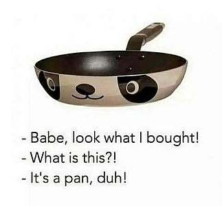 A frying pan with 2 dark eyes, a nose, and an attached smiley mouth. Dialog: "Babe, look what I bought!" "What is this?" "It's a pan, duh!"