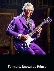A photo of Kind Charles playing a bass guitar, he is wearing a purple suit. Caption: Formerly known as Prince.