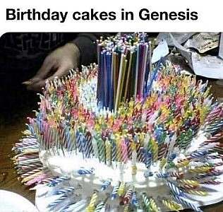An apparent birthday cake with hundreds of candles in it. Caption: Birthday cakes in Genesis.