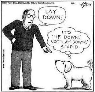Cartoon of a man telling his dog, "Lay down!" Dog has a thought bubble over its head; "It's lie down, not lay down, stupid."