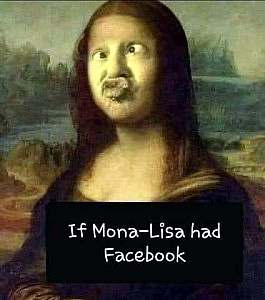 Mona Lisa making duck lips. Caption: if Mona-Lisa had Facebook