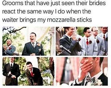 Four photos of grooms at their weddings expressing various stages of emotion and excitement. Caption: Grooms that have just seen their brides react the same way I do when the waiter brings my mozzarella sticks.
