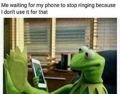 Kermit The Frog sitting on a chair in an office, his feet up on the desk, staring at his phone. Caption: Me waiting for my phone to stop ringing because I don't use it for that.