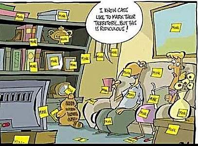 Cartoon of a cat sitting on the floor with a pad of sticky notes; there are notes stuck to nearly every object in the room that all say, "MINE"; a couple is sitting on a davenport; husband says to wife, "I know cats love to mark their territory...but this is ridiculous!