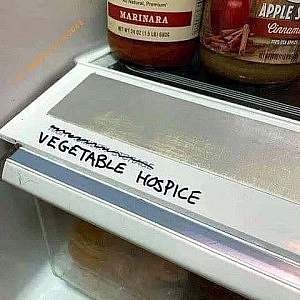 A picture of a crisper drawer in a refrigerator. High humidity storage is crossed out, and below it is hand-written, "Vegetable hospice"