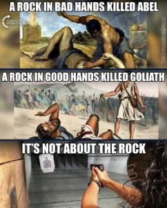 Captions of 3 frames: A rock in bad hands killed Abel. A rock in good hands killed Goliath. It's not about the rock. Each of the 3 frames has an illustration of the text.
