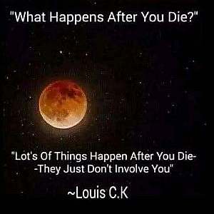 A photo of a dark nighttime sky with the moon. Caption: "What happens after you die?" "Lots of things happen after you die - they just don't involve you." ~ Louis C.K.