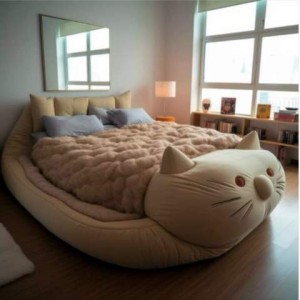 A photo of a massive bed in a bedroom; the mattress is sitting on the back of a huge stuffed cat, which covers the entire frame. The bottom of the bed is its stuffed-animal-type face.
