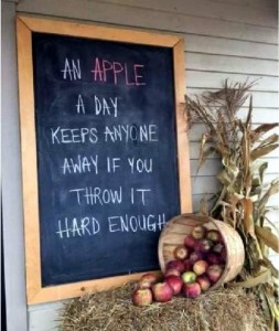 A photo of a bale of straw with a corn stalk next to it, and a bushel of apples on its side with the fruit spilling across the straw bale. Above it is chalkboard, and on it is written, "An apple a day keeps anyone away if you throw it hard enough"