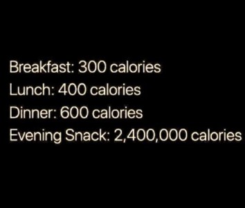 Black background with white print. Breakfast: 300 calories Lunch: 400 calories Dinner: 600 calories Evening Snack: 2,400,000 calories