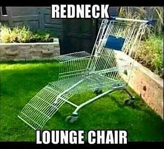 A shopping cart, reconfigured, sitting on a lawn. Caption: Redneck lounge chair