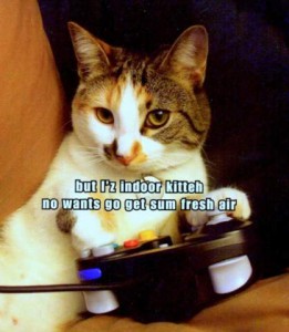 A calico cat in a reclining position on an upholstered chair, looking out past the camera, paws on a game controller. Caption - but I'z indoor kitteh no wants to go get some fresh air.