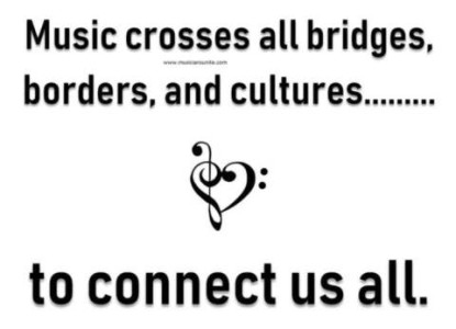 A design of an upside-down treble clef attached to a bass clef to form a heart. Caption: Music crosses all bridges, borders, and cultures...to connect us all.