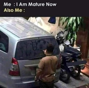 Caption at the top - Me: I Am Mature Now. Also Me: picture of a man drawing a cow on the dirty back window of a minivan