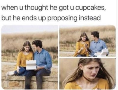 3 photos of a young man and a young woman sitting on a low stone wall. First has him opening a box to show her something. Second shows him handing her something small out of the box. 3rd is a closeup of her face, looking puzzled and even disappointed. Caption: When you thought he got you cupcakes, but he ends up proposing instead.