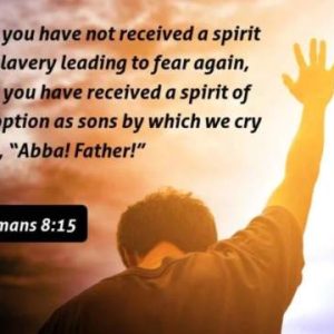 For you have not received a spirit of slavery leading to fear again, but you have received a spirit of adoption as sons by which we cry out, "Abba! Father!" Romans 8:15 Photo of a man, back to the camera, head bowed, hand reaching toward a very bright spot in the sky