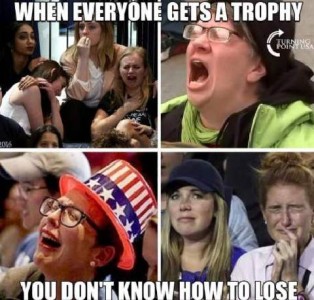 4 frames, each showing different people crying or wailing, in obvious distress. Caption: When everyone gets a trophy, you don't know how to lose.