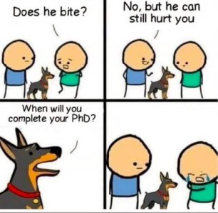 Cartoon in 4 frames. First is two figures with a doberman-looking dog between them, and one figure asking, "Does he bite?" 2nd frame the other answers, "No, but he can still hurt you." 3rd frame dog is asking, "When will you complete your PhD?" 4th shows the man crying.