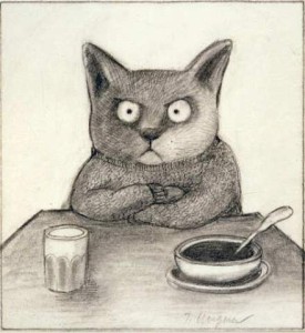 a black and white drawing of a cat with an angry face, wearing a sweater, arms crossed in front of him on a table. He is looking at a bowl with a spoon in it and a glass of milk.