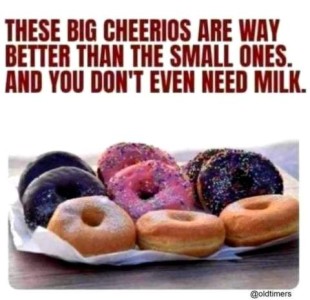 A plate of donuts. Caption: These big Cheerios are way better than the small ones, and you don't even need milk.