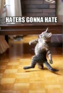 A gray striped cat swaggering superciliously on his back legs. Caption - Haters gonna hate.
