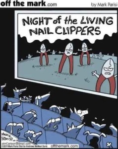 Cartoon of a theater full of dogs with terrified looks as they watch the screen showing Night of the Living Nail Clippers; each of the nail clippers is zombie-like with scary faces drawn on.