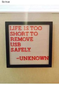 Above the photo are the words, So true. Photo is a framed sign that has a quote: "Life is too short to remove USB safely." by Unknown