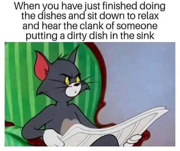 An angry looking cartoon cat trying to read the paper but distracted by something nearby. Caption: When you have just finished doing the dishes and sit down to relax and hear the clank of someone putting a dirty dish in the sink.
