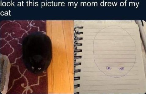 A black cat shown from above looks like a black lump with yellow eyes; a piece of paper next to him has a circle drawn on it with two eyes on it. Caption: Look at this picture my mom drew of my cat