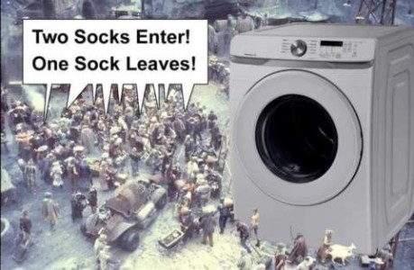 A cartoon of a massive washing machine, with a photo of a throng of people around it. Speech bubble above shows people in the crowd saying, Two Socks Enter! One Sock Leaves!
