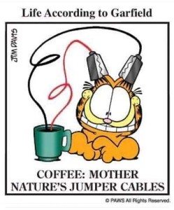Life according to Garfield cartoon. Caption says Coffee: mother nature's jumper cables. Picture shows Garfield and a cup of coffee with 2 wires in the cup; the jumper clips are on Garfield's ears.