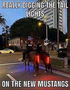 2 police officers sitting on horses in a city at dusk, facing away from the camera. The horses' tails have red lights on them. Caption: Really digging the tail lights on the new mustangs!