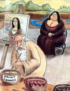 cartoon showing an artist working on a painting of a slim attractive woman. The model in the chair is quite heavy and not as attractive but the artist is shown dipping his brush into a jar of "paint thinner"