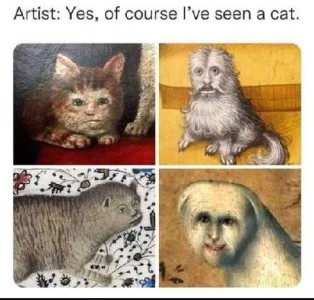 four drawings of very strange looking cats, as if they were mixed with four other animals. Caption: Artist says, "Yes, of course I've seen a cat."