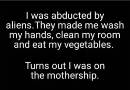 Text only: I was abducted by aliens. They made me wash my hands, clean my room, and eat my vegetables. Turns out I was on the mothership.