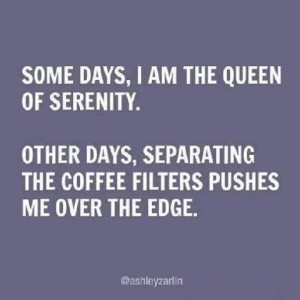 text only: Some days I am the queen of serenity. Other days, separating the coffee filters pushes me over the edge.