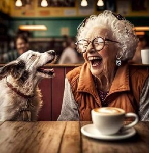 Photo of an elderly woman laughing with her mouth wide open and eyes closed, sitting at a diner with a cup of coffee in front of her; next to her is her dog, looking at her, also with mouth wide open and eyes closed as if laughing back.