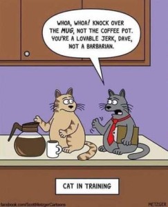 2 cartoon cats sitting on a counter labeled "Cat In Training" with a coffee pot and a coffee cup. One cat is wearing a tie and carrying a clipboard, and he is telling the other cat, "Whoa! Whoa! Knock over the mug, not the coffee pot. You're a lovable jerk, Dave, not a barbarian.