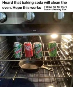 An open oven door with 4 cans of pop on the top rack. Caption: Heard that baking soda will clean the oven. Hope this works. Follow me for more home cleaning tips.